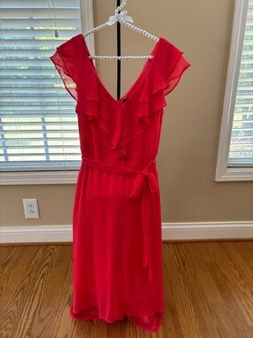 Dkny Bright Coral Red Ruffle V-Neck Midi Dress with Self Tie